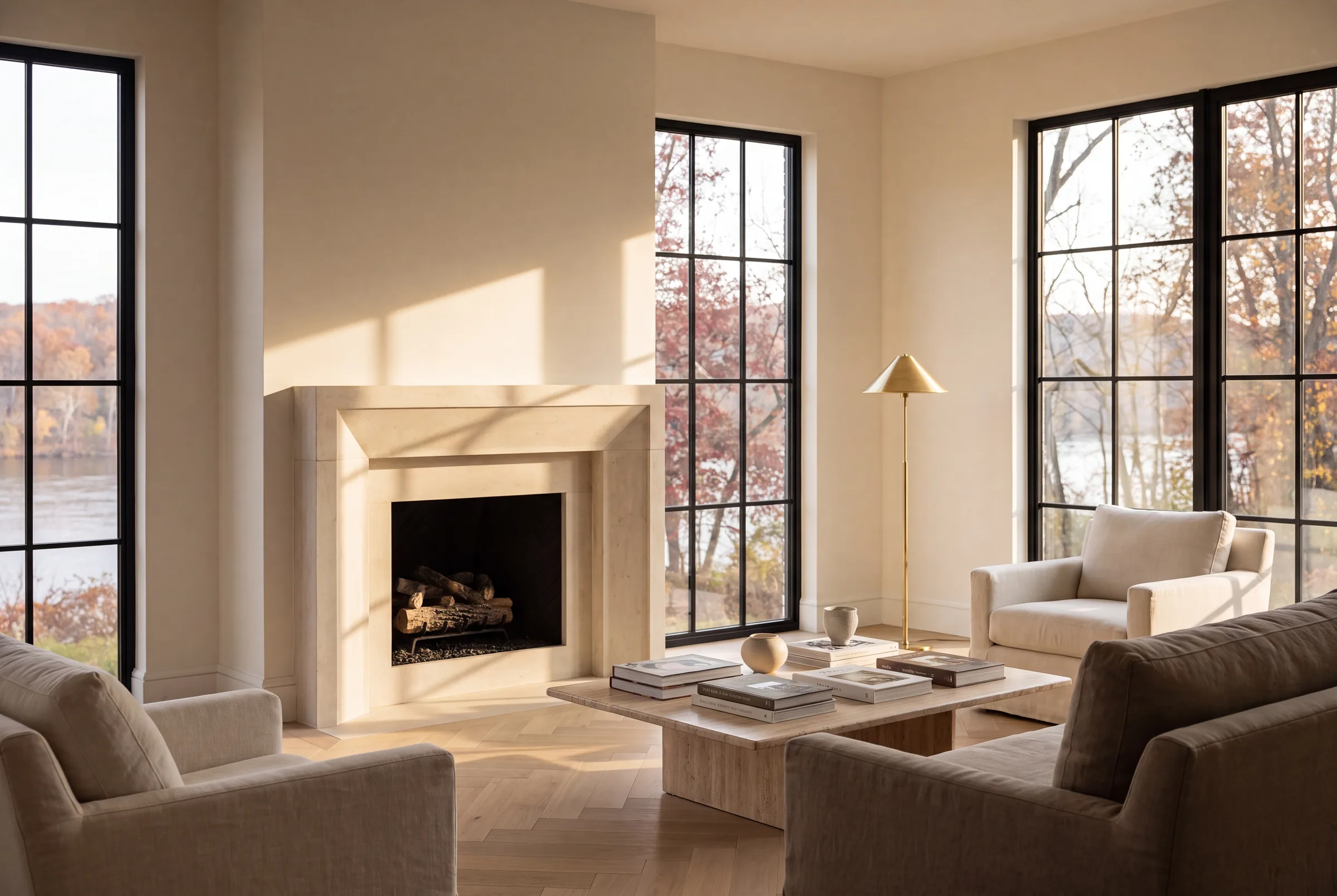 Living room of a stewarded short-term rental, stone fireplace, oak floors, and a Hudson River view through tall steel-framed windows, Northern New Jersey